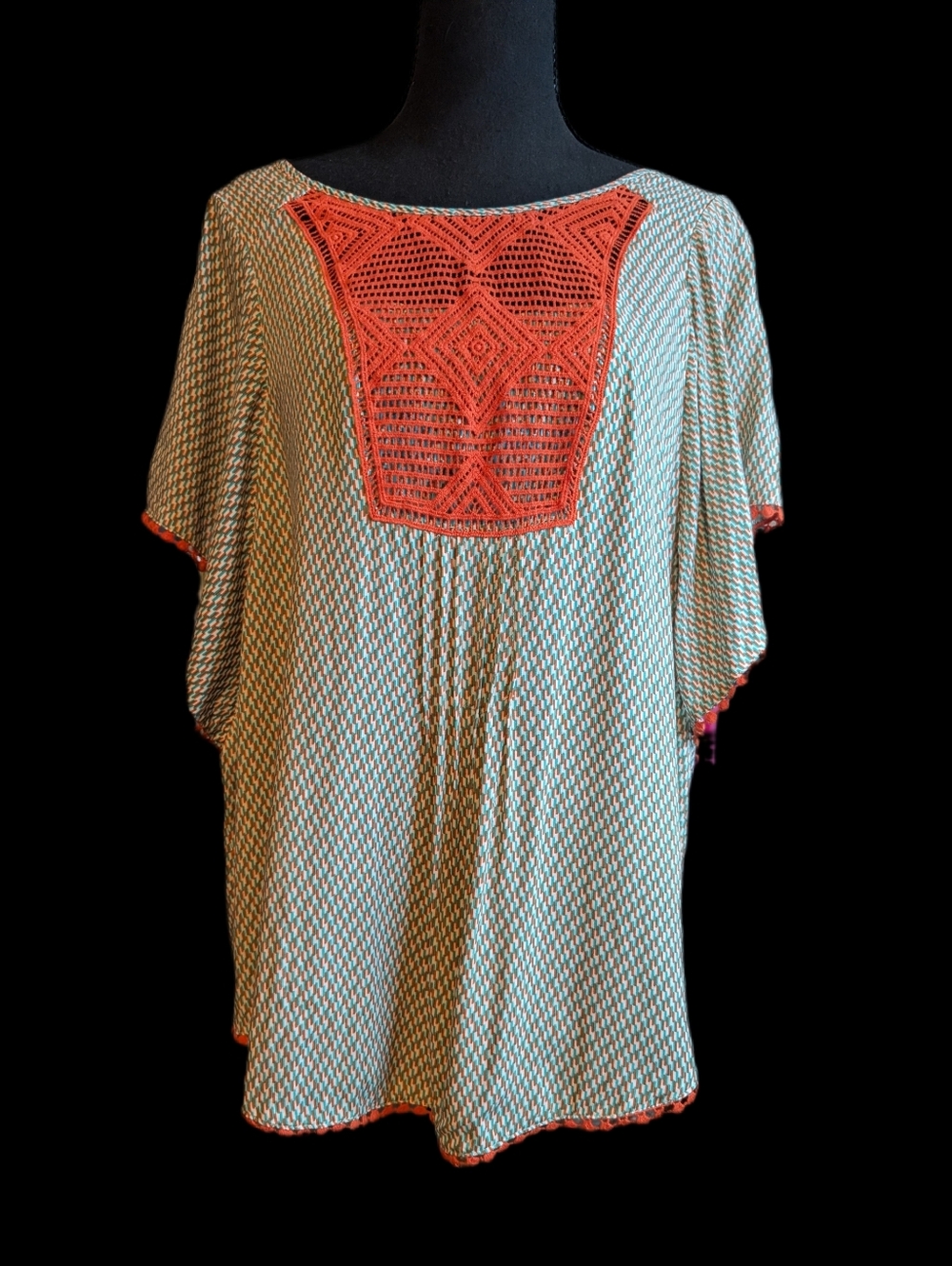 Solitaire Boho Crochet Bib Tunic Top Teal Orange Geometric Print Pom Trim Size L